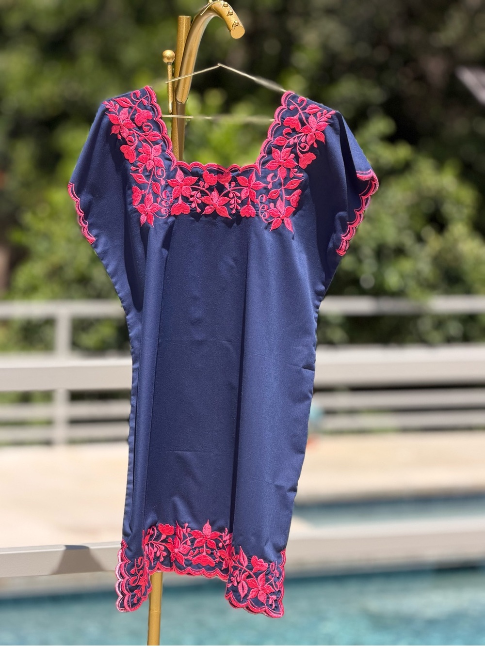 Navy Blue Dress with Pink Floral Embroidery